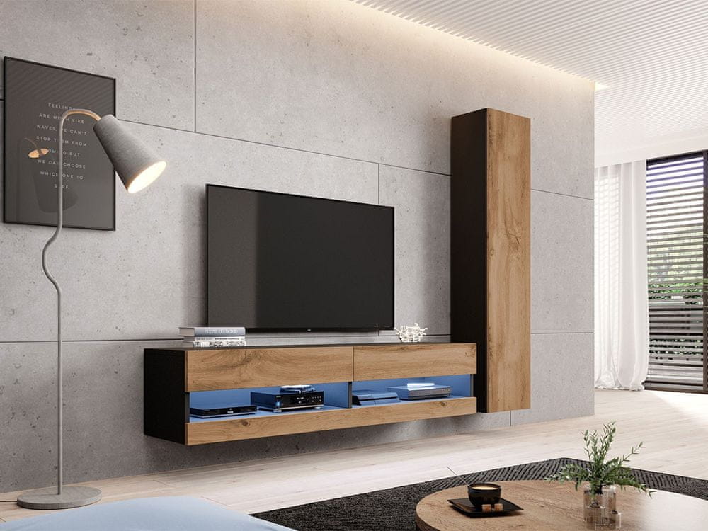 Veneti Stena do obývacej izby s LED modrým osvetlením ASHTON N9 - čierna / dub wotan